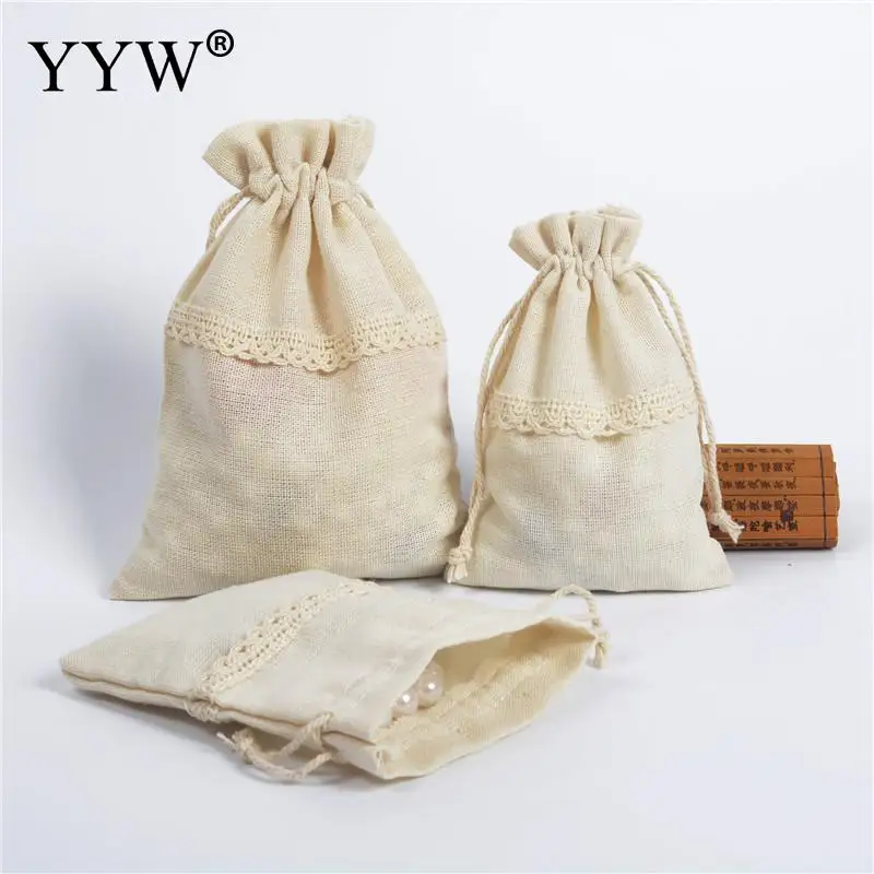 10PCs/Lot Cotton Drawstring Bag With Lace Durable Hardwearing Practical Beige Small Gift Jewelry Container 10x14cm 13x18cm | Украшения и