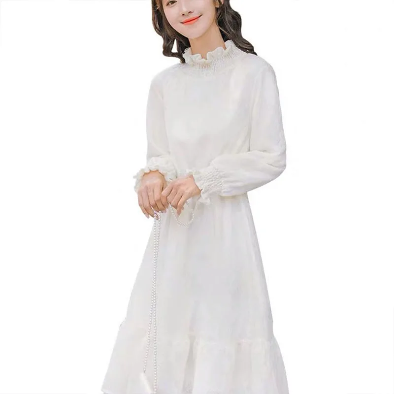 

Women's Spring Autumn Lace Dress Women's Solid Color Stand Collar Long Sleeve Korean Elegant Dress SS3750