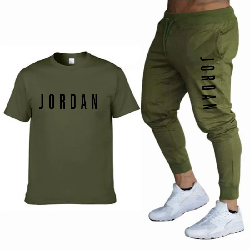 

Spring And Summer Men Cotton Casual Lovers Round Collar Printed Jogging Jordan Short Sleeve + Sport Pants Suit