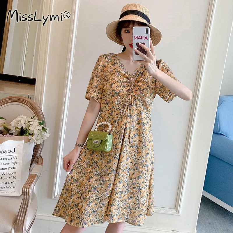 

4XL Plus Size Women Yellow Floral Chiffon Dress Summer 2021 Drawstring V-neck Short Sleeve Loose Elegant Ladies Casual Dress