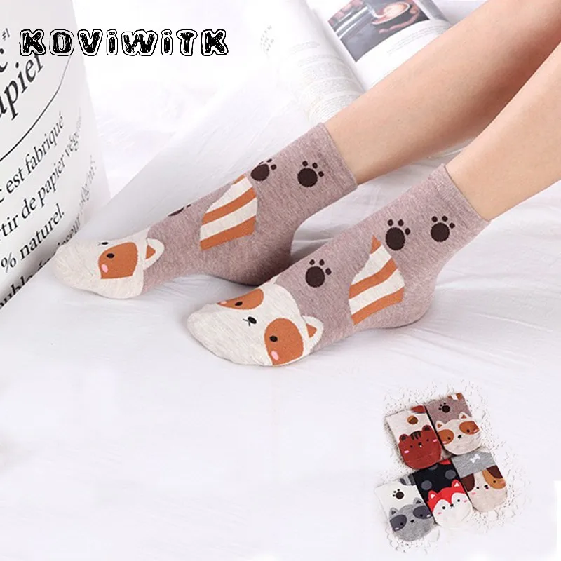 Хлопковые носки для женщин с животными собаки лисы/кошки забавные женские зимние