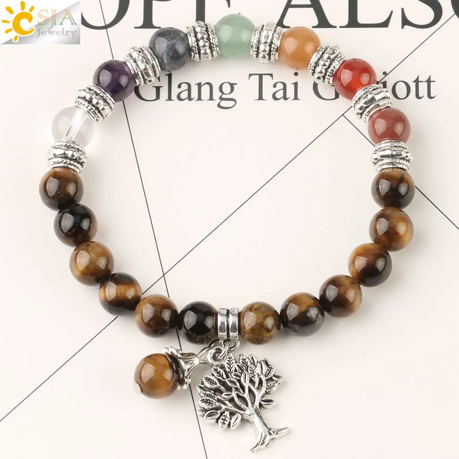 Tiger Eye Csja рейки натуральный камень 7 Чакра Дерево жизни браслет смешанные цвета бисера Баланс йога браслет для женщин мужчин целебные ювелирные изделия G166 - Окраска металла: Tiger Eye