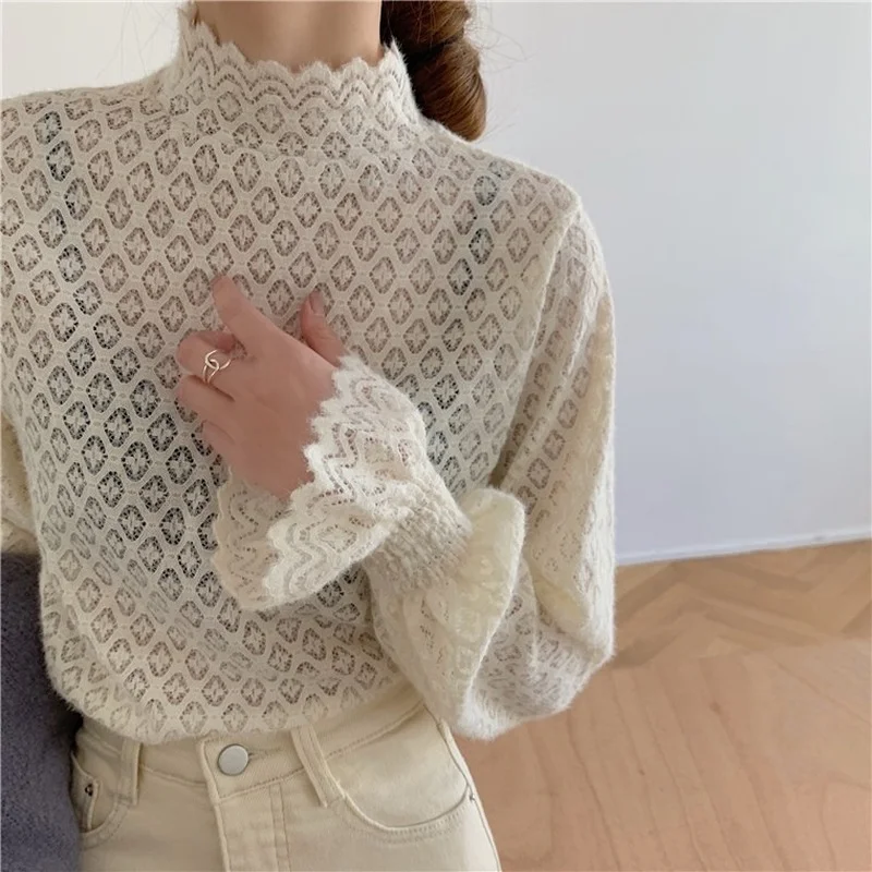 

2021 Autumn Winter Korean Fashion Elegant All-match Fashion Turtleneck Solid Lace Long Flared Sleeve OL Casual Fresh Girl Tops
