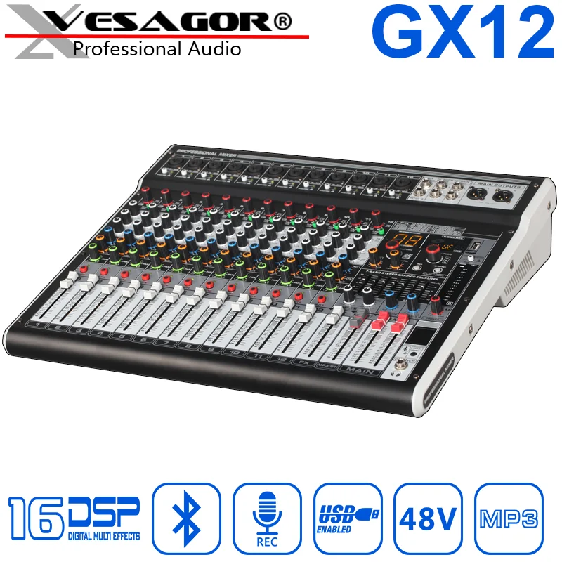 

Mixing Console DJ Sound Card Recording Bluetooth GX12 12ch Reverb16DSP 48VMP3 Digital Display Interface DJ MIXER USB Auido Mixer