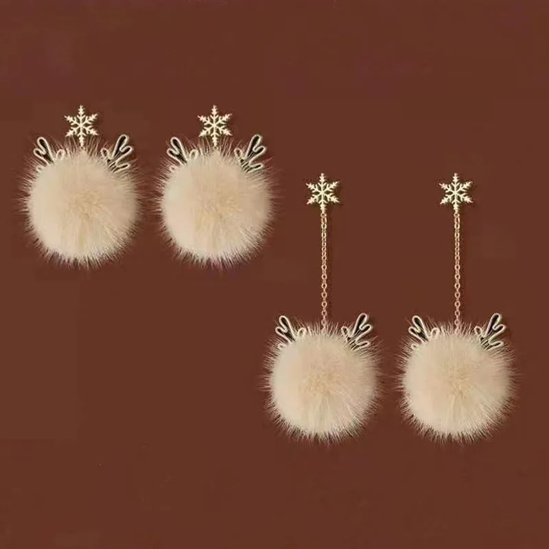 

Autumn New Fashion Long Mink Fur Fluffy Hairball Dangle Earrings For Women Girls Party Jewelry Crystal Snowflake Drop Earring