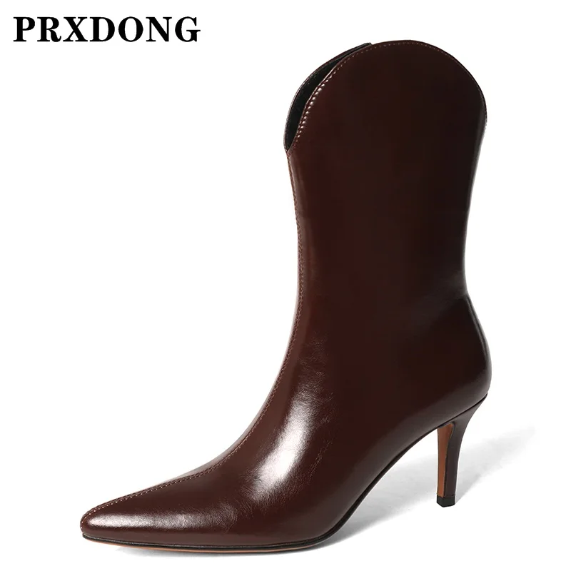 

Женские ботинки до середины икры на высоком каблуке с острым носком в стиле ретро, модные Лаконичные кожаные туфли-лодочки, осенне-зимняя Пр...
