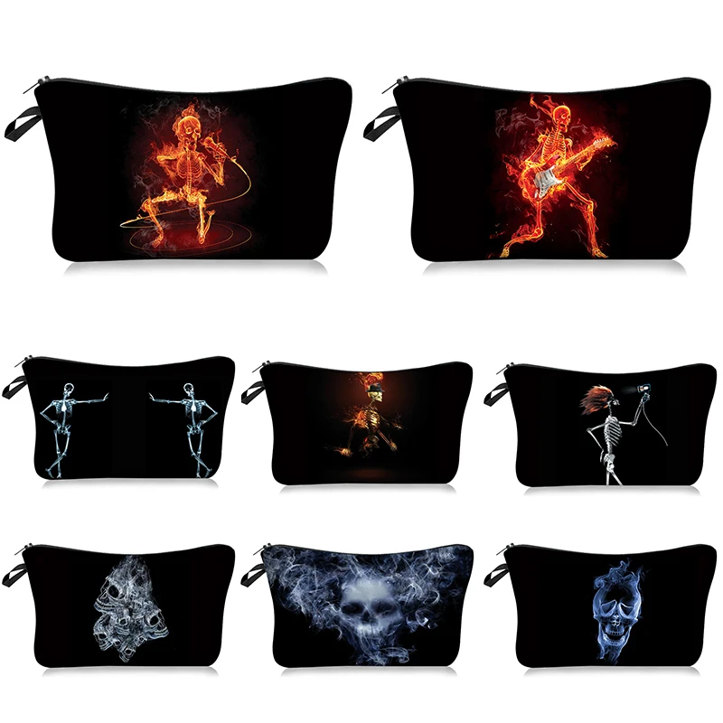 

Косметичка черная серия с черепом, уникальные косметички, дорожный органайзер для хранения, сумки для туалетных принадлежностей с принтом ...