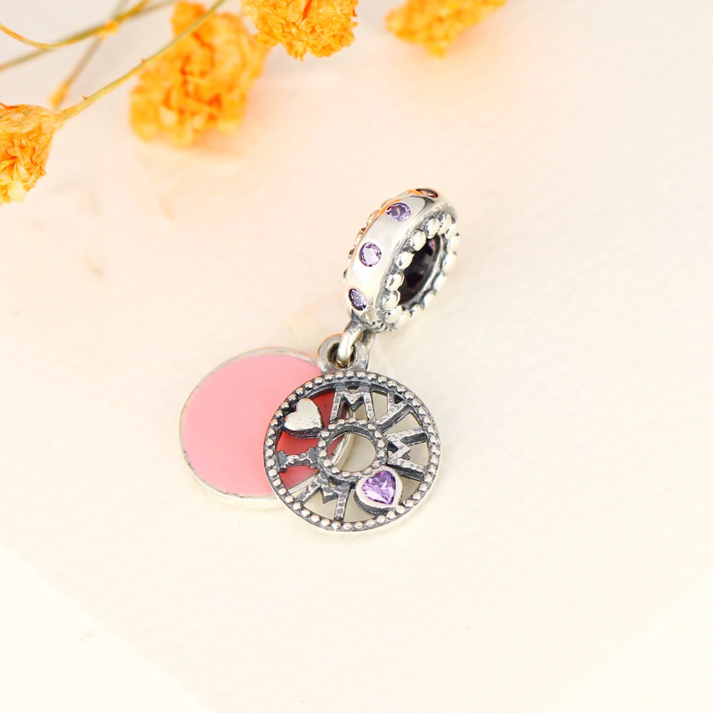 

Berloque Real 925 Sterling Silver Pink Enamel MOM Charms Beads Fit Original Charm Bracelet Jewelry For Women Accessories