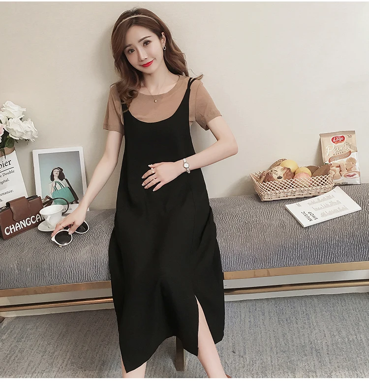 1927# 2PCS/Set Summer Korean Fashion Maternity Long Dress Sexy Sweet Side Splits Sling Dress for Pregnant Women Pregnancy Shirt