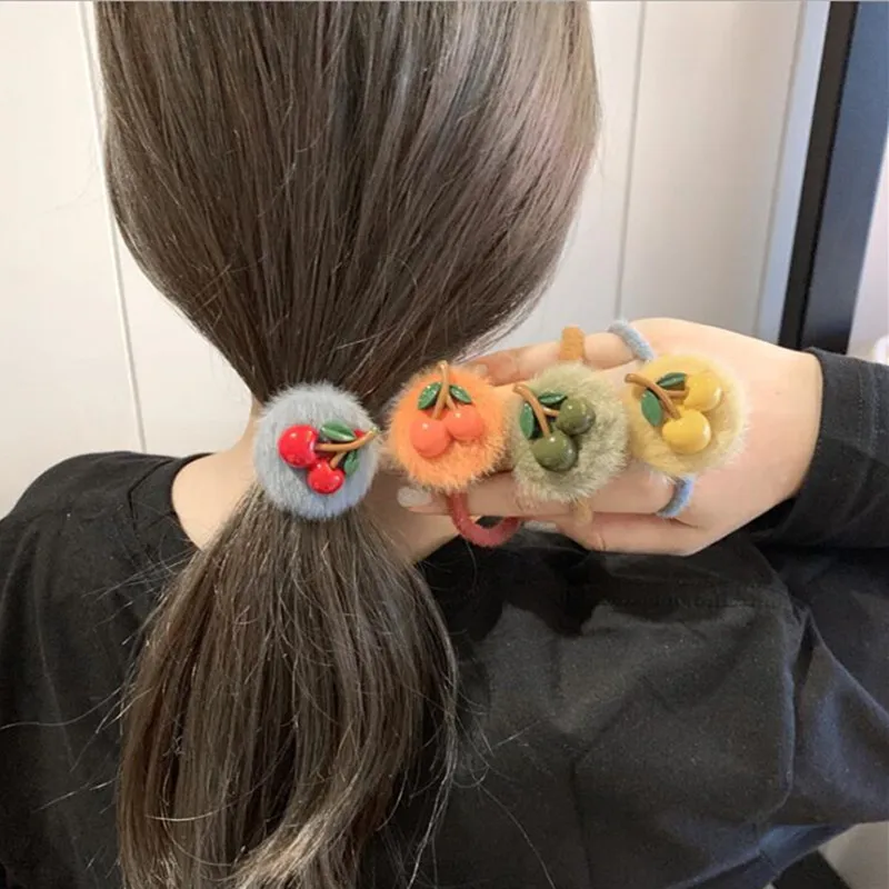 

Girls Hairy Cherry Hair Ring Rubber Band Head Rope Ponytail Holder Headwear Headband Hair Accessories