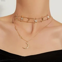 fashion star moon diamond multi layer necklace gold silver personality trend temperament exquisite pendant ladies accessories