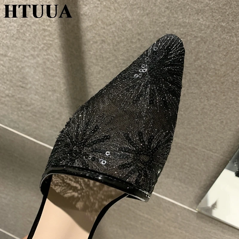 HTUUA/; вышитые шлепанцы с дышащей сеткой; женские шлепанцы с острым носком; шлепанцы на маленьком каблуке; Летняя женская обувь; SX2520