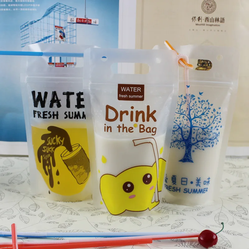 

100pcs Matte Transparent Ziplock Plastic Bag Zipper Stand Up Bags 500ml Drink Fruit Juice Milk Tea Takeaway Packages With Handle