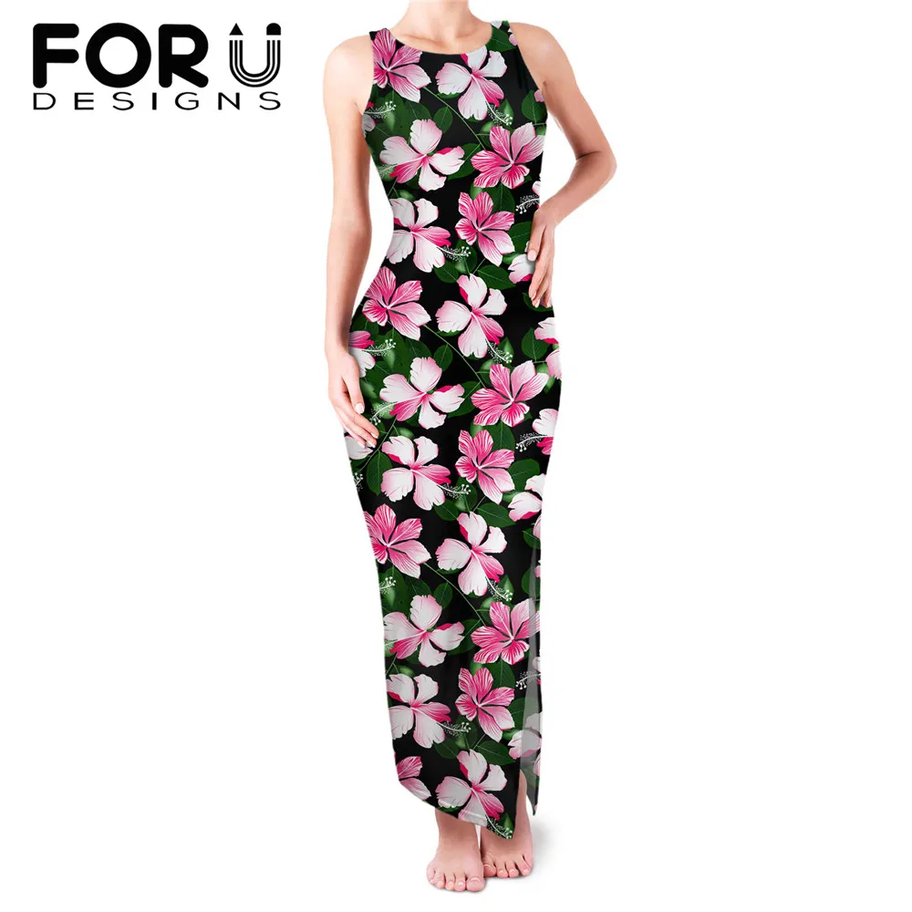 

FORUDESIGNS Hibiscus цветочный принт сексуальные вечерние платья без рукавов Гавайский сарафан для женщин с высоким разрезом рабочие Макси платья