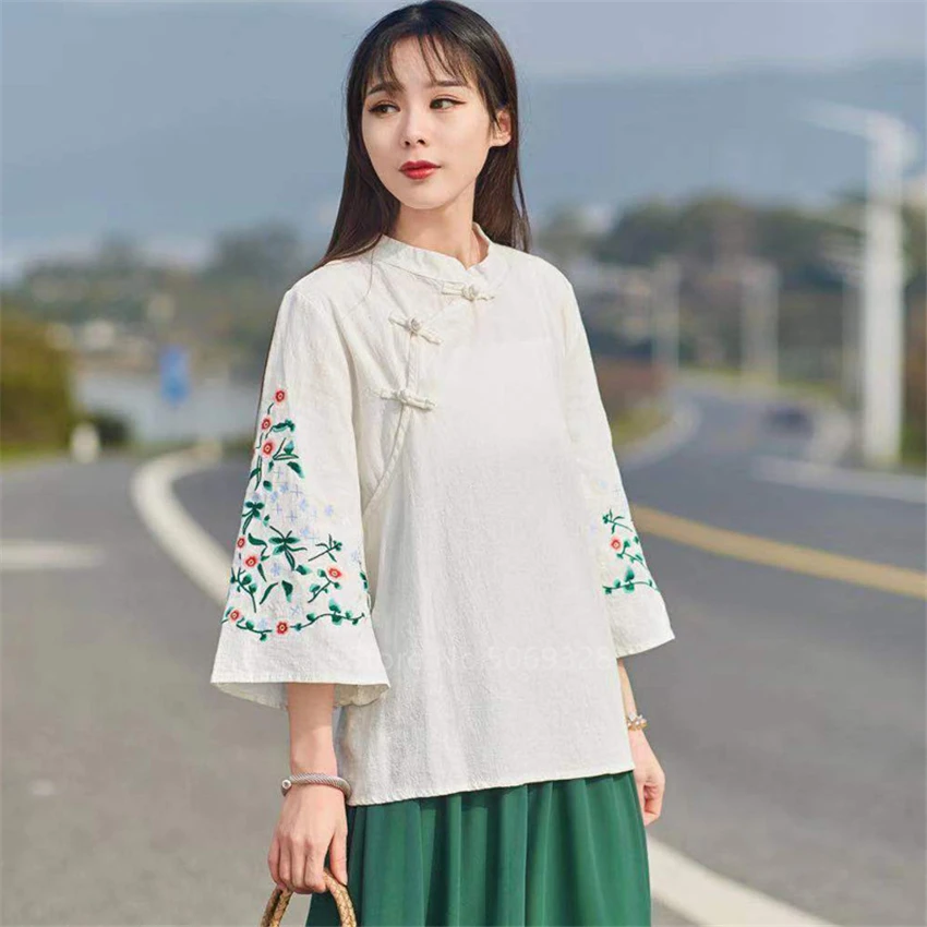 

Spring Chinese Cheongsam Tops for Women Chinese Style T Shirt Zen Tanng Suit Embroidery Top Linen Soft Festival Traditional Top