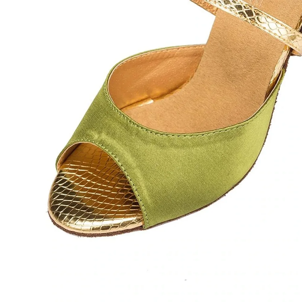 Women Dance Shoes Girls Satin 8.5cm Heel Ballroom Latin Dance Shoes Ladies Samba Tango Performance Salsa Sandals green Shoes