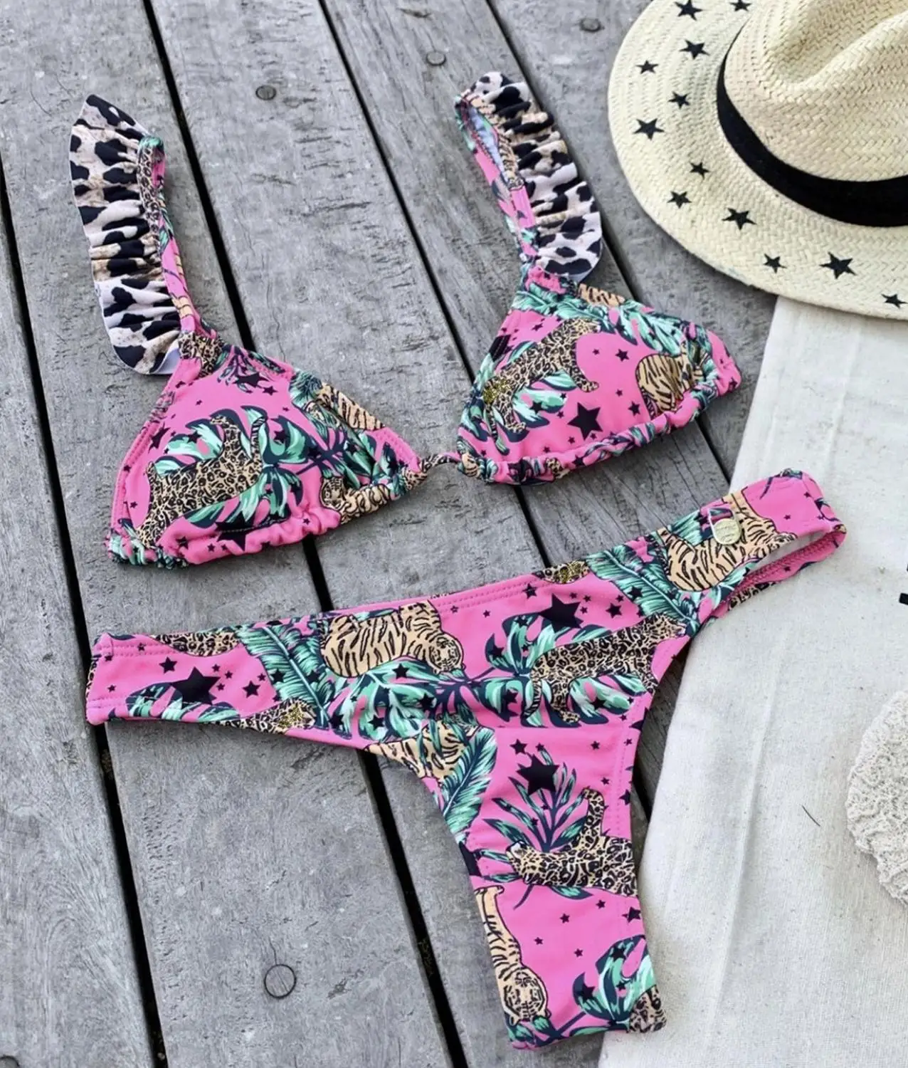 Купальник женский леопардовый пикантный бикини на шнуровке с высоким вырезом