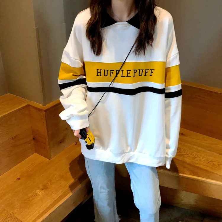 Hoodies Oversized Polo Collar Stitching Sweatshirt Women Contrast Color Fake Two-piece Coat Letter Print Pullover Female Tops | Женская