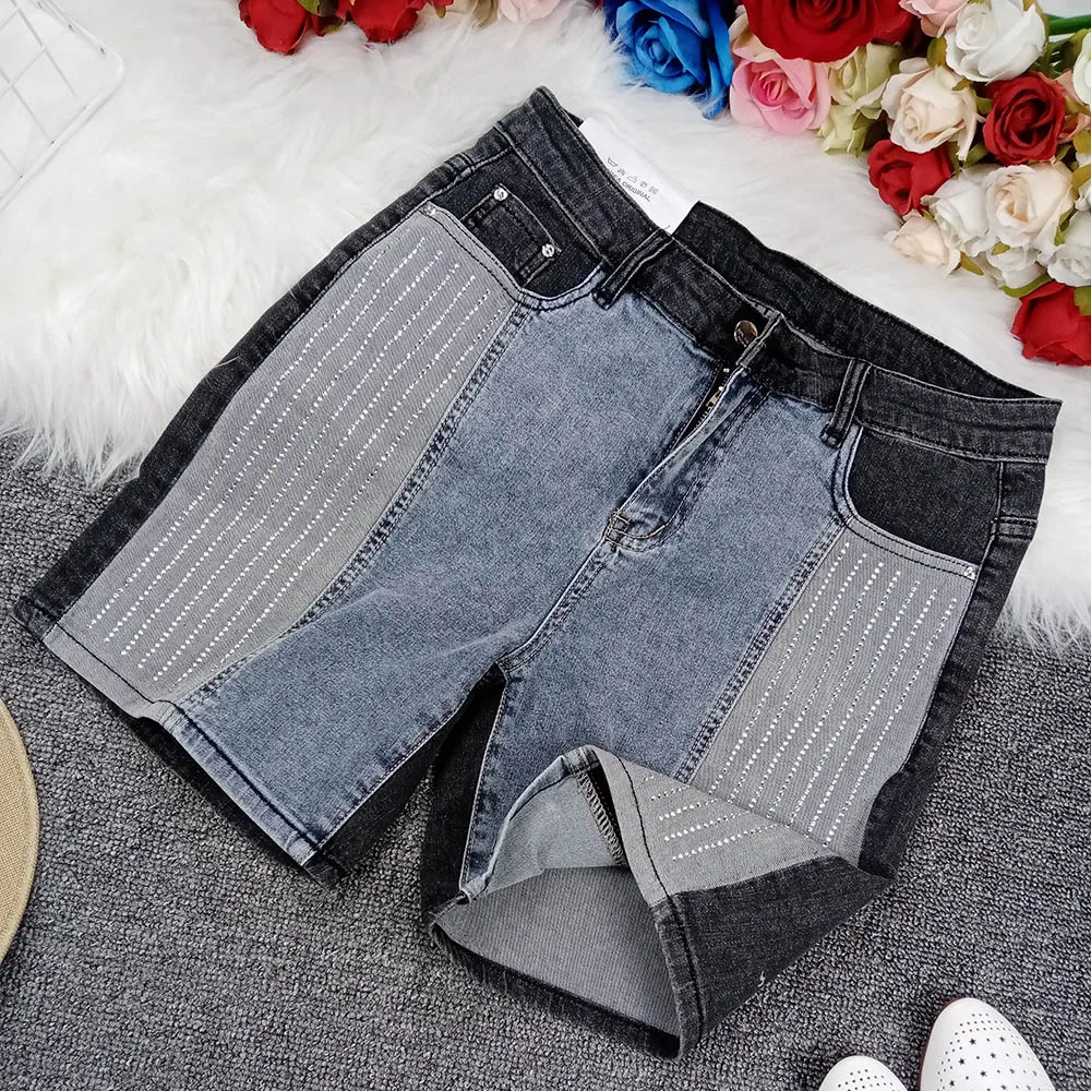 

Women Jeans Shorts Five Hot Pants Feminino Denim Sequins Straight Wide Leg Plus size with pockets