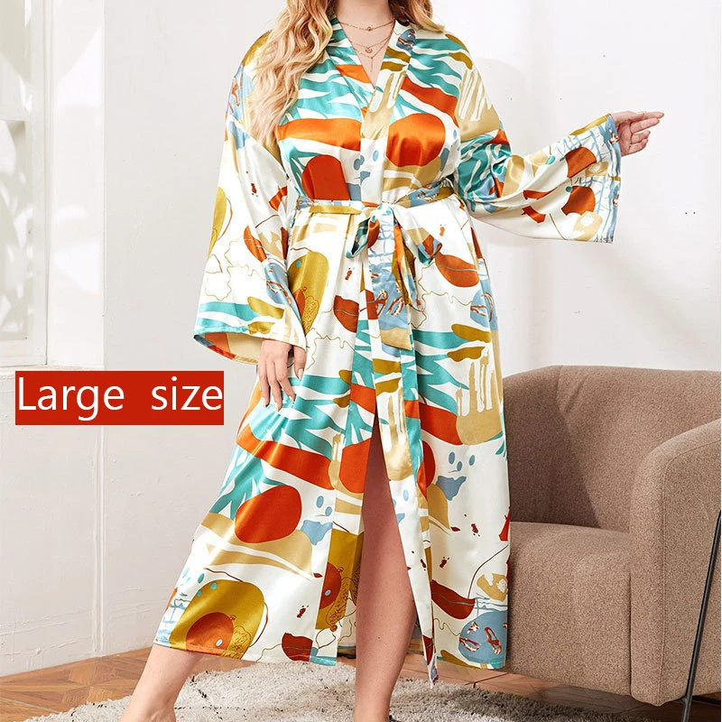 

Ladies Satin Robe Sexy Pajamas Printed Women Loose Homewear Large Size Femme Sleepwaear Lingerie Sleepdress Nightwear Bridesmaid
