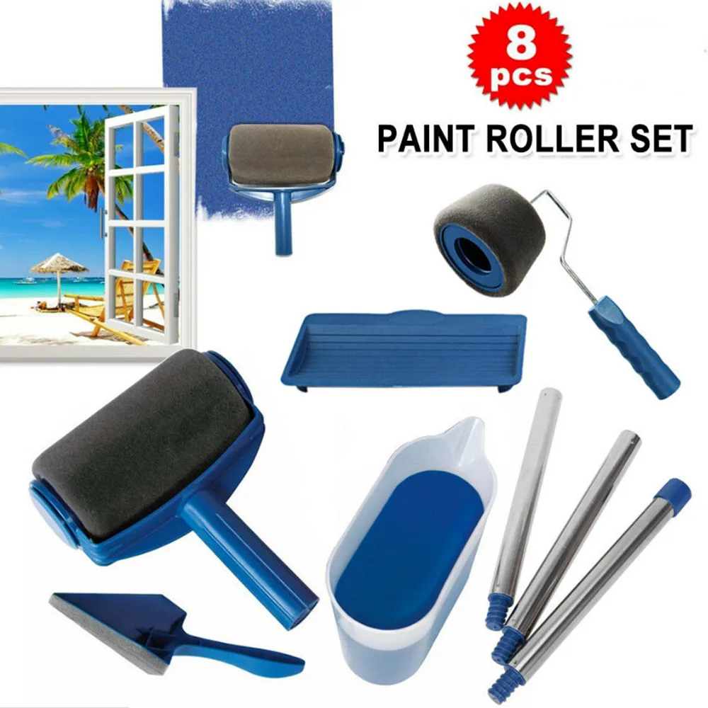 

5/8pcs Paint Runner Roller Brush Handle Tool Flocked Edger Office Room Wall Painting Home Tool Roller Paint Brush Set Dropship