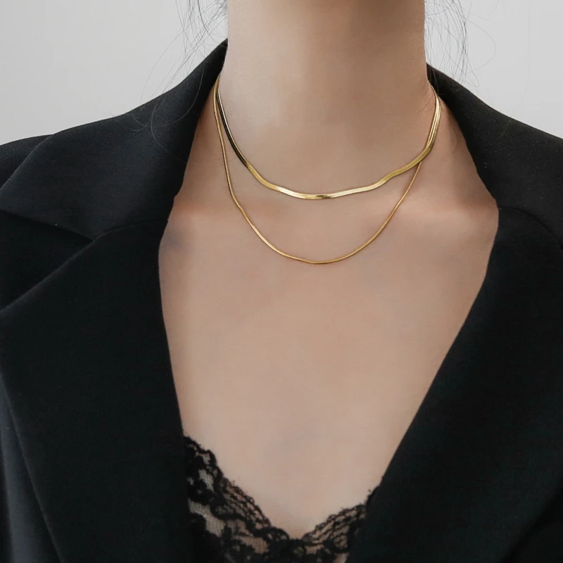 

YUN RUO 2020 Fashion 14 K Gold Color Double Layer Snake Chain Choker Necklace 316 L Titanium Steel Jewelry Woman Gift Never Fade