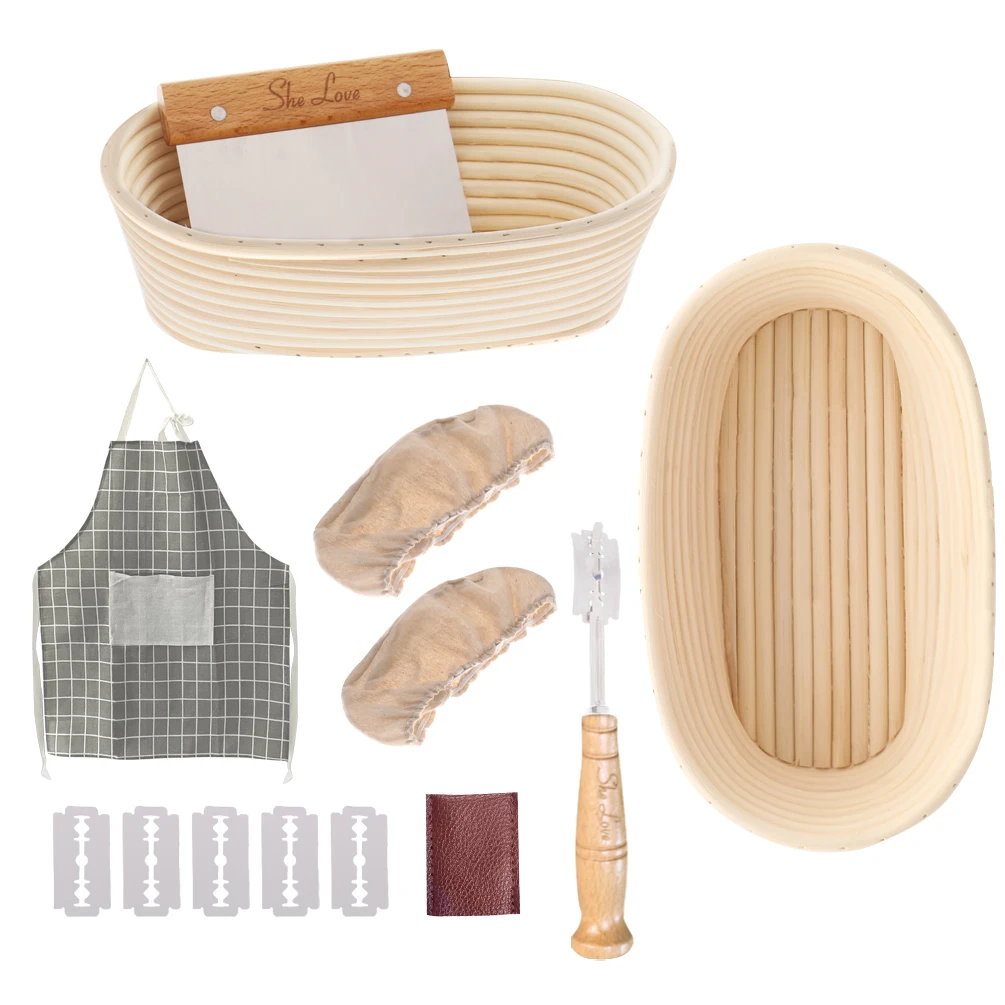 

2 Pcs Bread Proofing Basket Set 10 Inch Oval Banneton Proofing Basket for Sourdough Bread Baking with Cutter Dough Scraper