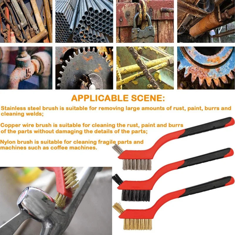 

6Pcs Mini Wire Cleaning Brush Brass Stainless Steel and Nylon Heavy Duty Crimped Scratch Brush for Cleaning Welding Slag