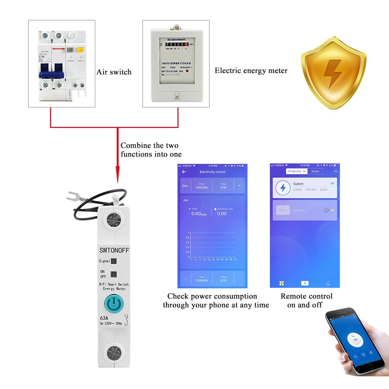 Однофазный измеритель мощности eWelink 1P din-рейка Wi-Fi умный энергии кВт/ч с Alexa google для