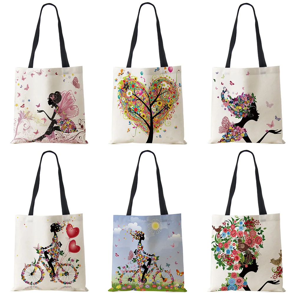 Wishing Girl Print Linen Reusable Shopping Bags Women Large Tote Bags 2020 Fashion Handbags With Customized Printed