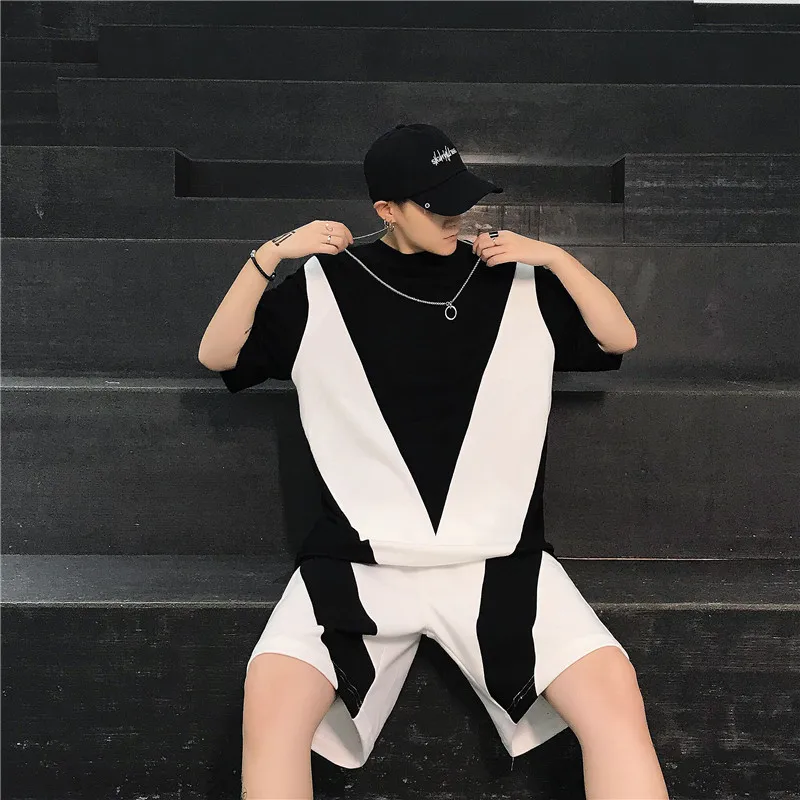 

Summer New Trendy T-shirt Clothes Men's Fashion Black And White Color Matching T Shirt And Shorts Sports Sets Casual Tracksuit