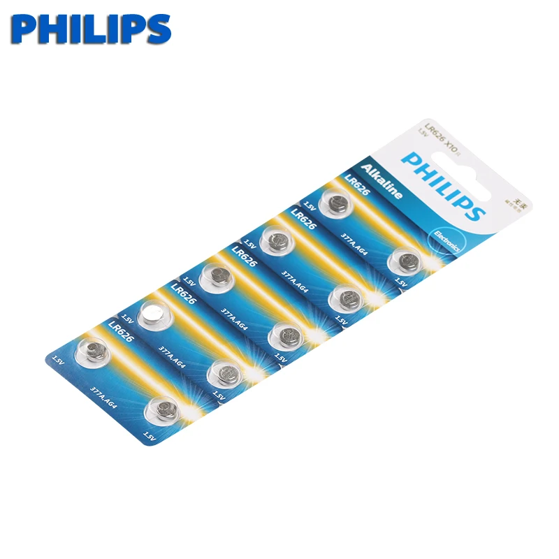 Philips 10 шт. AG4 LR626 377 кнопочные батареи SR626 177 щелочные батарейки для монет 1,55 в 626A 377A CX66W для часов