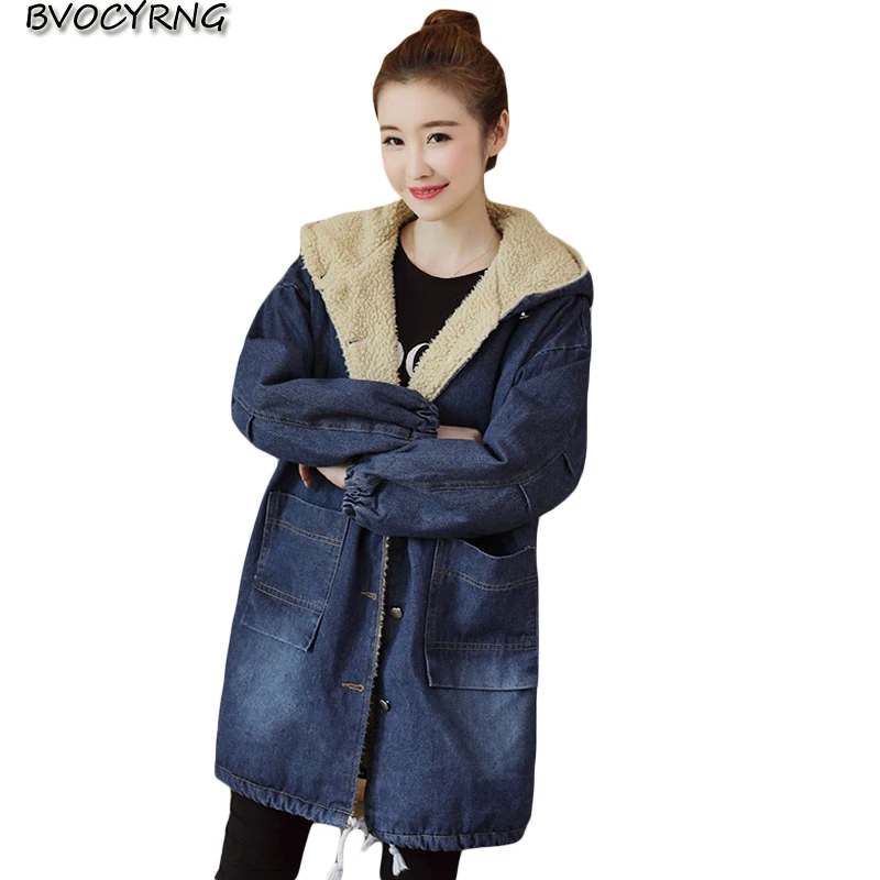 Женское джинсовое пальто с капюшоном утолщенное Свободное средней длины из