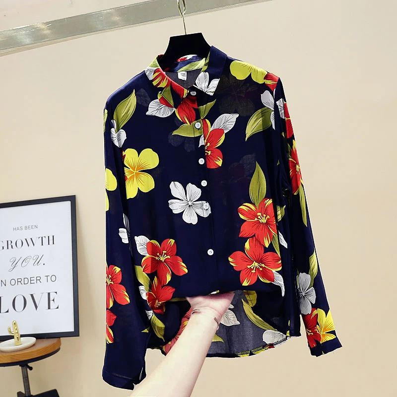 Блузка женская шифоновая с отложным воротником модная рубашка длинным рукавом