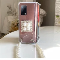shockproof clear back cover for samsung galaxy z fold 3 2 5g luxury fashion bling diamond holder pearl bracelet hand chain case