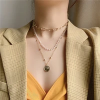 fashion coin baroque pearl golden chain necklace women jewelry vintage geometric pendant necklace for women accessories