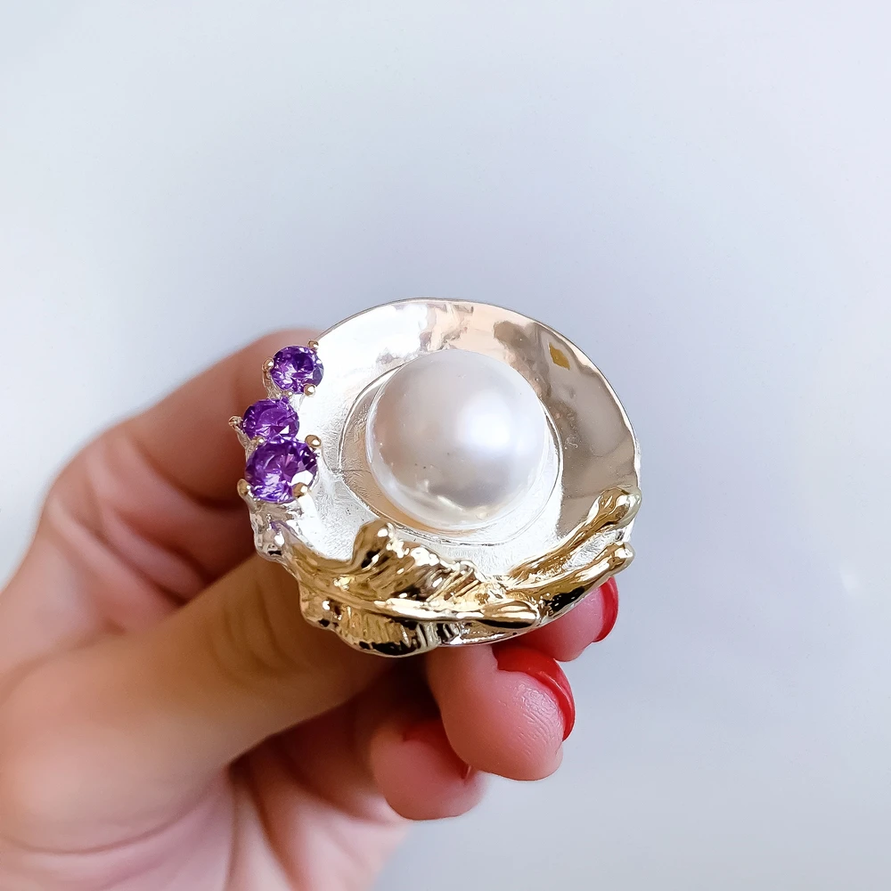 Лучший подарок большой круглый лист дизайн кольцо 14 мм белый жемчуг/фиолетовый CZ