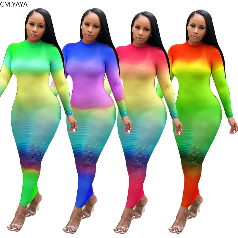 2019 women rainbow print o-neck full sleeve bodycon long maxi dress sexy gradient perspectivenight club party dresses GLK9506 | Женская