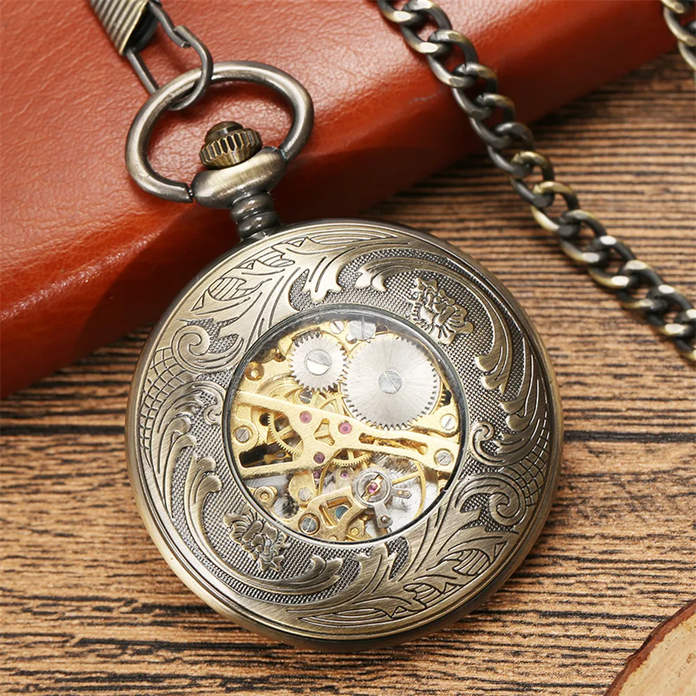 Elegant Flower Roman Numerals Mechanical Hand Winding Pocket Watch Retro Bronze Male Pocket Pendant Manual Mechanism Timepiece