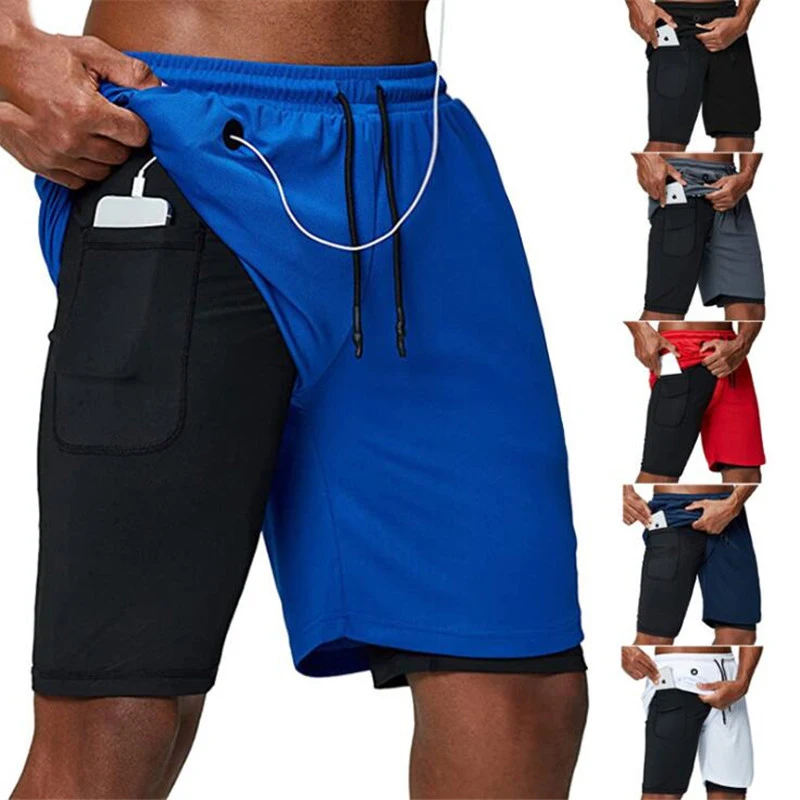 Men 2 in 1 Running Shorts Jogging Gym Fitness Training Quick Dry Beach Short Pants Male Summer Sports Workout Bottoms Clothing