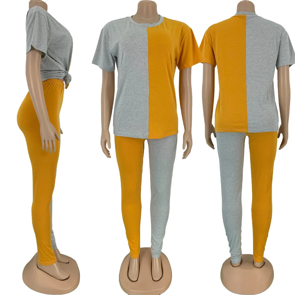 

Color Block Splicing 2 Piece Set Women Tracksuit 2020 Festival Clothing Short Sleeve Top Pants Two Piece Outfits Matching Sets