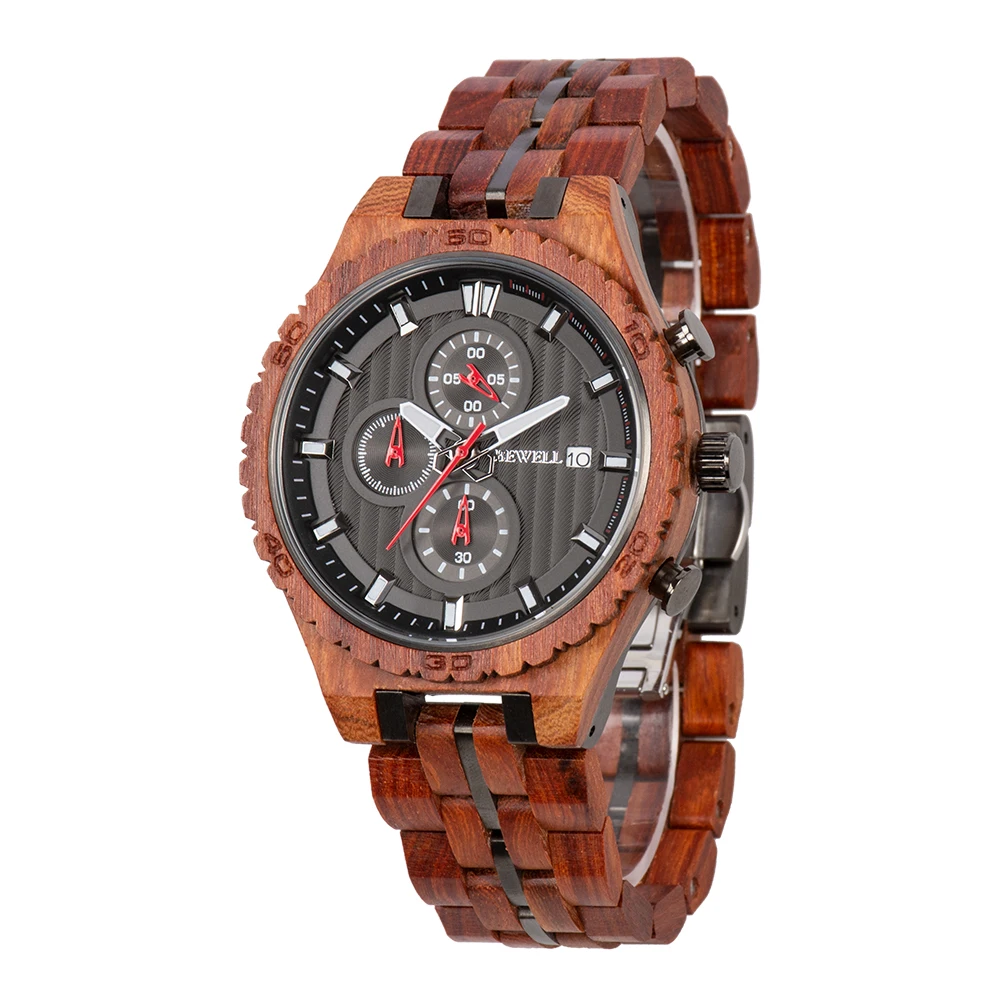 BEWELL New Arrival Stainless Steel And Wood Mens Watches Japan Chrono Movement wood watch relogio masculino enlarge