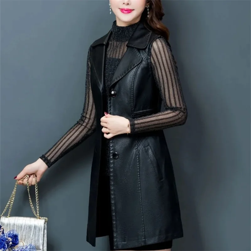 Female Mid-Length Vest Women's Spring And Autumn 2021 New Slim Fit All-Match Slim Coat Fashion Women's Vest Leather Jacket Women