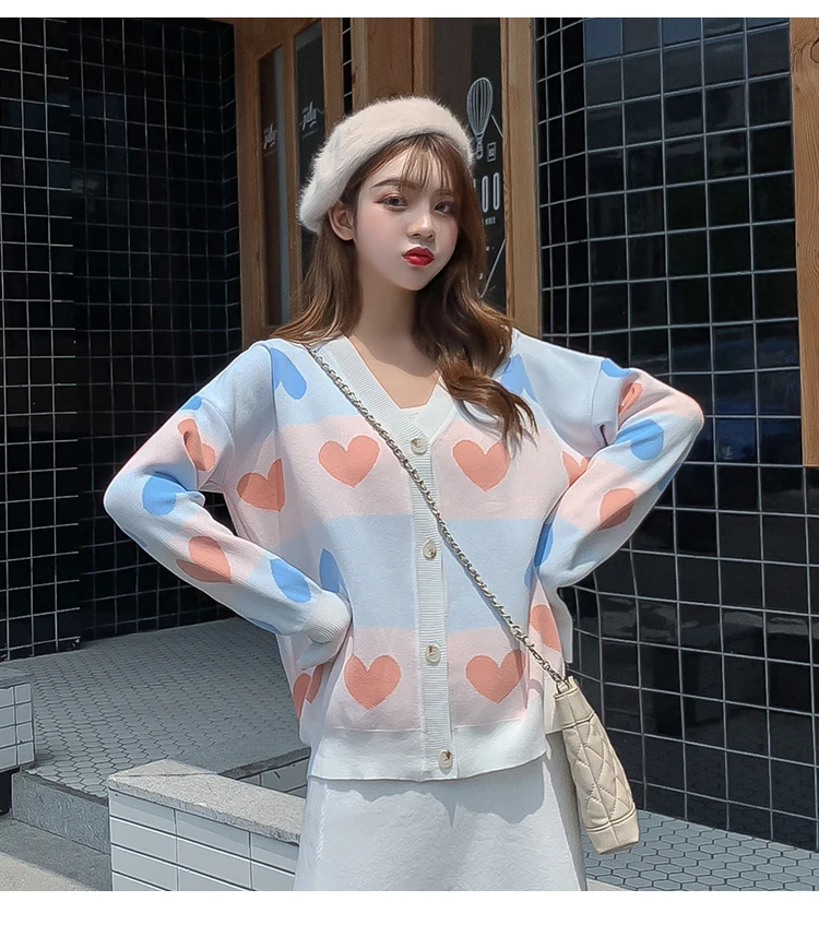 Autumn Winter Women Elegant Love Heart Knitted Cardigan Sweater+High Waist A-Line Skirt 2 Piece Set Loose Knitted Midi Dress Set