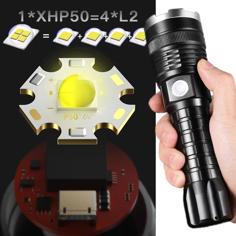 50000LM мощный светодиодный фонарик XHP50 масштабируемый тактический фонарь перезаряжаемая водонепроницаемая лампа сверхъяркая фонарь на 26650 батареи