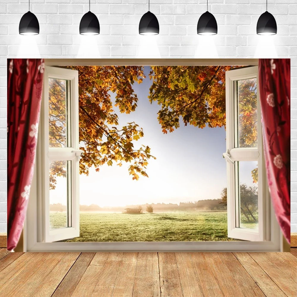 Fall Window Backdrop Autumn Landscape Forest Photography Background Natural Scenery Banner Decoration Party Photo Booth Props