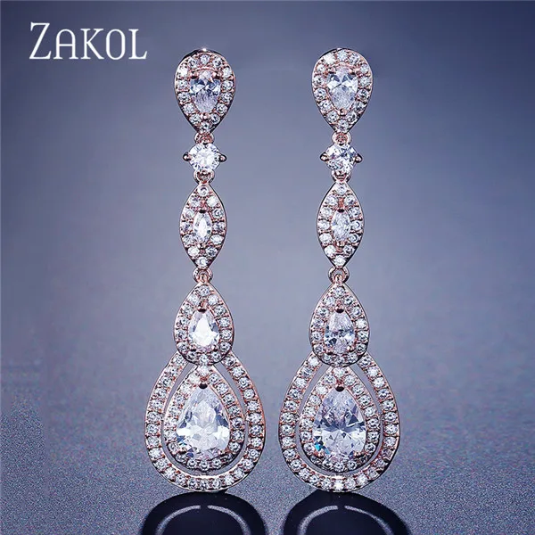 Rose Gold Color ZAKOL Роскошные висячие серьги с кубическим цирконием, длинные висячие элегантные серьги для женщин, свадебные ювелирные изделия FSEP2114 - Окраска металла: Rose Gold Color