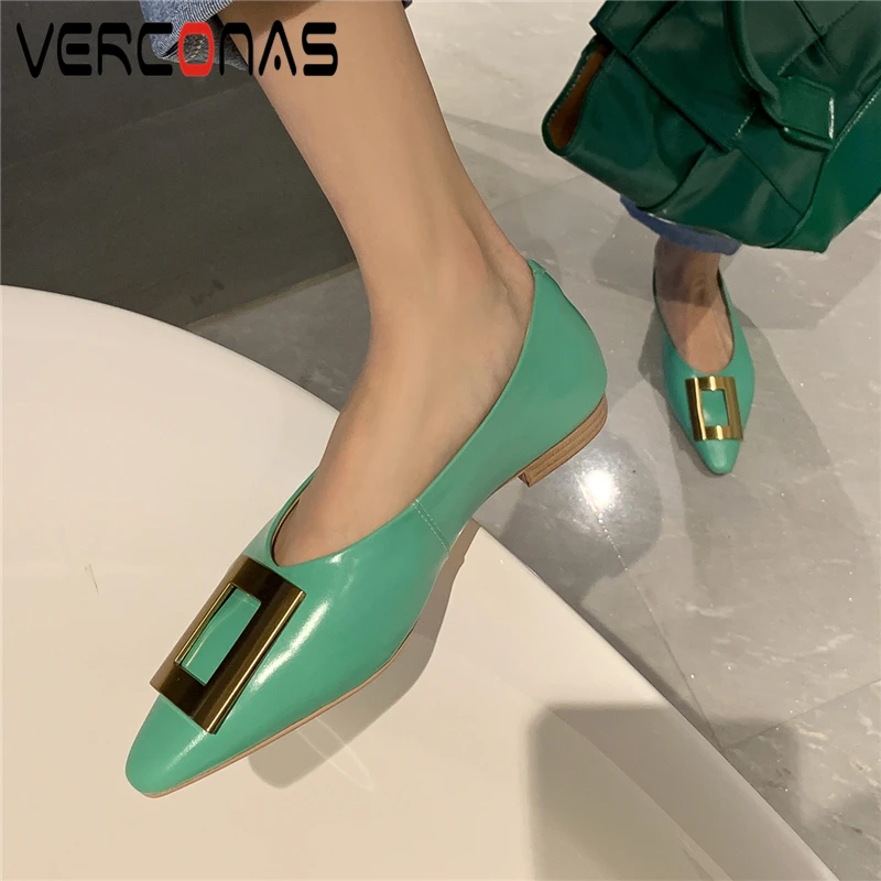 

VERCONAS Concise Fashion Women Pumps Genuine Leather Square Button Casual Working Low Heels Shoes Woman Spring Summer Shallow