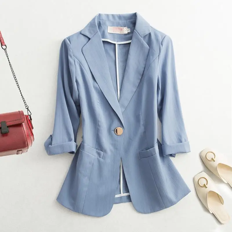 

2021 Spring Summer New Small Suit Jacket Woman Slim 3/4 sleeve Thin All-match Coat Single button Elegant Female Short Balazers