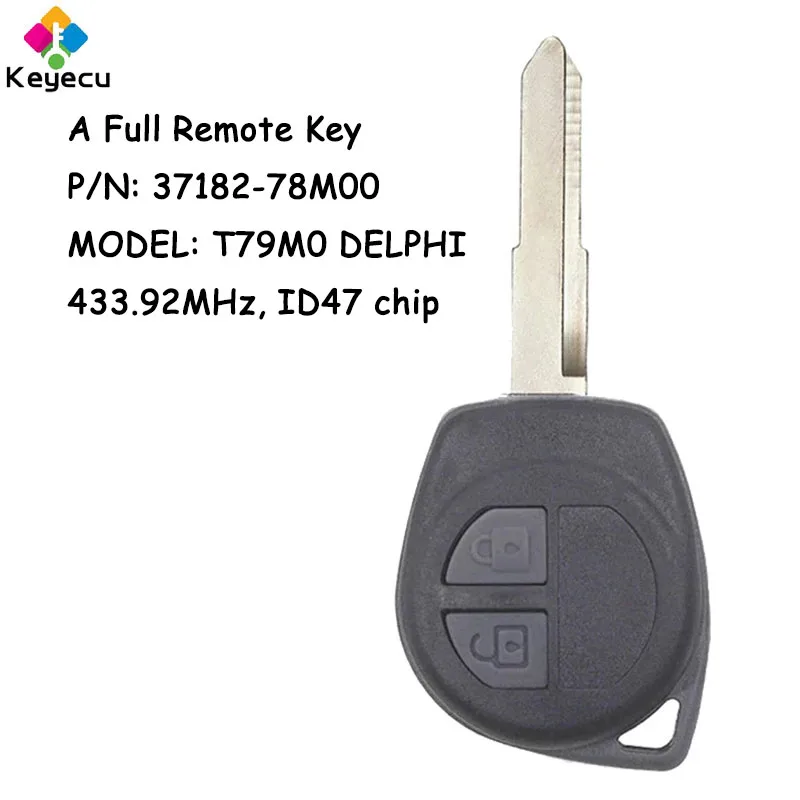 Дистанционный автомобильный ключ KEYECU с 2 кнопками, чипом ID47 на частоте 433,92 МГц, нерезаным лезвием HU87 для Suzuki Fob 37182-78M00 модель: T79M0 DELPHI On.
